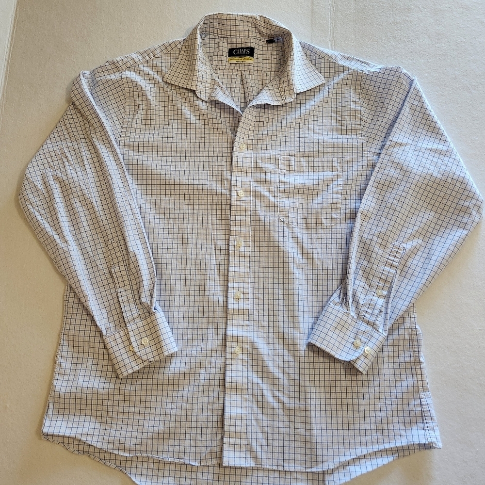 Chaps Men’s White Dress Shirt with Navy Windowpane Check Size 17